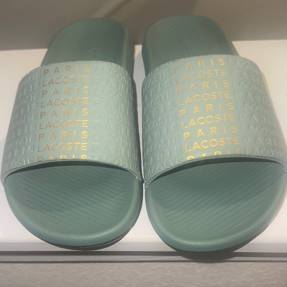 Lacoste Mint Green Slides with Gold Lettering